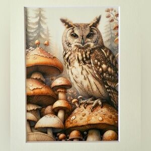 Owl perched in forest of mushroom matted framed art print